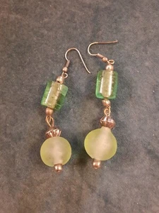 Green Glass Drop Earrings Wires - Picture 1 of 5
