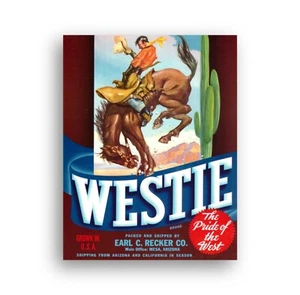 Vintage 1940er amerikanische Gemüsekiste Etikett Marke Westie Cowboy KOSTENLOSER UK-VERSAND - Bild 1 von 15