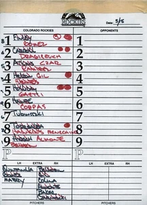 March 14 07 Colorado Rockies Game Used Dugout Line-Up Card Nice Memorabilia 1/1 - Imagen 1 de 2