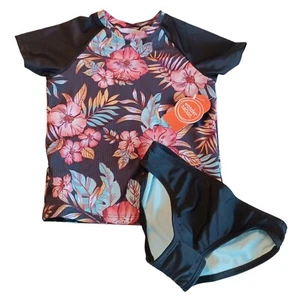 Wonder Nation Rash Guard Swim Set 6/6x Girls Black Floral Short Sleeves 2 Piece - Picture 1 of 5