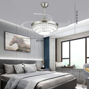 42" Modern Crystal Ceiling Fan with Retractable Blades 3 Color Change Fan Light - Picture 1 of 13