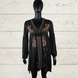 NEW BNWT ODD MOLLY Embroidered Floral Black Brown Dress Sz 0 XS Women's V Neck - Picture 1 of 24