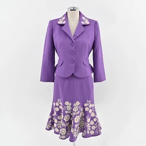 Vtg NIPON BOUTIQUE Skirt Suit Set Sz 2P Purple Floral Embroidered Art Statement - Picture 1 of 20