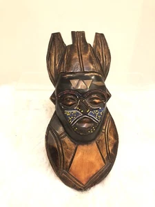 African Beaded Mask Hand Carved Painted Kenyan Wood Decorative Tribal Flaw - Picture 1 of 6