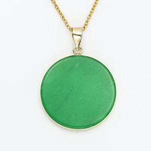 Jade Round Disc Circle jade Pendant in Solid 14k Gold Yellow Gold - Picture 1 of 16