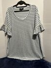Suzanne Betro Blouse Top Striped Short Pearl-like trim on Sleeve Retro Size XL