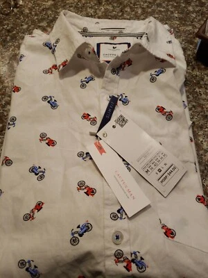Men’s Shirt White Bike Print Slim Fit Short Sleeve Button Up size Med Cactus  - Image 1 of 4