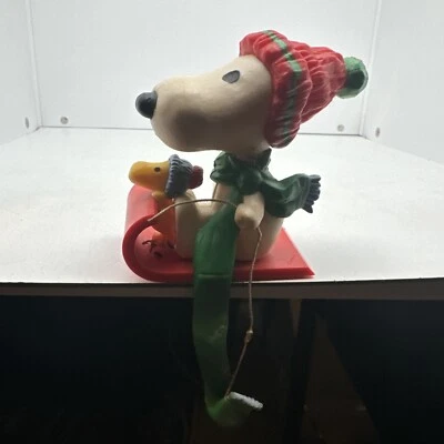 Vtg Hallmark Peanuts Snoopy Woodstock Sled Christmas Stocking Hanger Holder  - Image 1 of 4