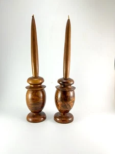Vintage MCM Turned Walnut Wood Candle Holder w/ Wood Taper Candle, a pair - Picture 1 of 9