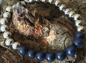 Natural Blue Lapis Lazuli Sterling Silver 925 8mm  Bracelet Crystal Men size 8.5 - Picture 1 of 6