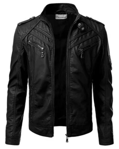 MENS REAL SHEEPSKIN BLACK LEATHER JACKET RETRO SLIM FIT BIKER JACKET - Picture 1 of 12