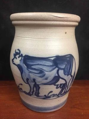Vintage 1992 Rowe Pottery Works 6 1/2" Crock Cow Salt Glaze Handmade Stoneware - Image 1 of 4