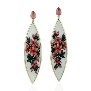 Tourmaline Dangle Earrings 18k Yellow Gold Diamond Bakelite/Enamel Jewelry - Picture 1 of 6