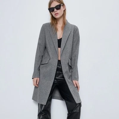 Abrigo Blazer ZARA Para Mujer Gris Espiga Frente Abierto - M Foto 1 de 4