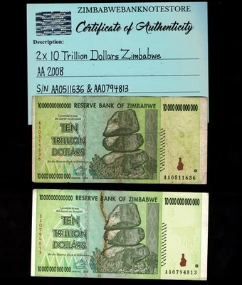 2 x 10 万亿津巴布韦元钞票 AA 2008 正品 AA0511636,AA0794813 — 第 1/3 张图片
