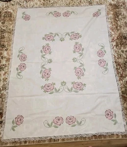 Vintage Rose Kreuz genäht Tischdecke mit Spitzenborte 52"x69" (ca.) - Bild 1 von 7