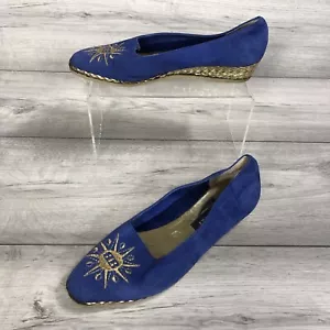 Vintage Bally Starry Blue Gold Nappa Leather Suede Wedge Espadrille Shoes EU37 - Picture 1 of 17