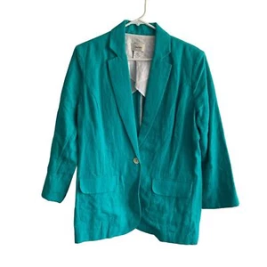 Vintage Neiman Marcus Teal Blue Oversized 100% Linen Blazer Dad Jacket Coat L - Picture 1 of 4