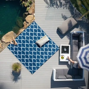 Plastic Mat Outdoor Rug | Moroccan | Navy & White 3x3m Square - Picture 1 of 3