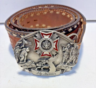 Cinto de couro vintage Tony Lama com fivela Veteranos de Guerras Estrangeiras dos EUA - Imagem 1 de 4