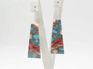 Native American Navajo Handmade Spiny Turquoise Slab Dangle Earrings - Picture 1 of 8