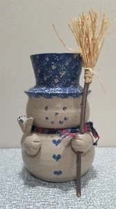 Vintage 1992 STONEWARE Pottery SNOWMAN Figural JAR Signed NOWACK Blue Spongeware - Picture 1 of 9