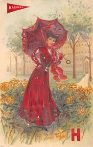 Harvard University College Girl Pennant Flag With Umbrella Antique PC K25722 - Picture 1 of 2
