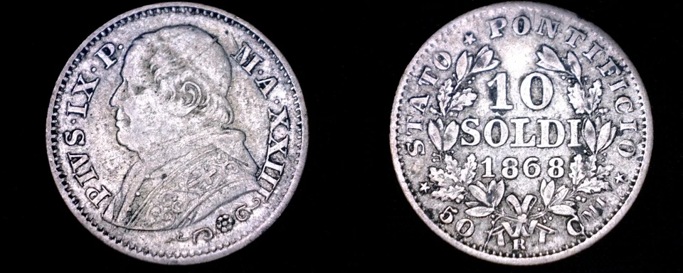 1868-XXIIIR Italian States Papal States 10 Soldi World Silver Coin - Pius IX - Image 1 of 1