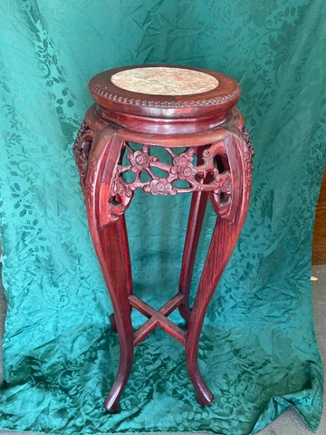 Chinese Rosewood Plant Stand Marble Carved Cover