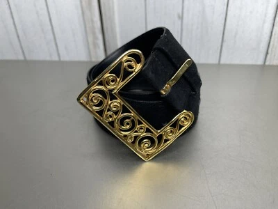 Vintage 80s Large Gold Statement Buckle Velvet black  Leather Size Small 25-29in - Image 1 of 4