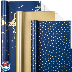 MAYPLUSS Wrapping Paper Roll - Navy Blue and Gold Wrapping Paper - 17" x 120" - Picture 1 of 5