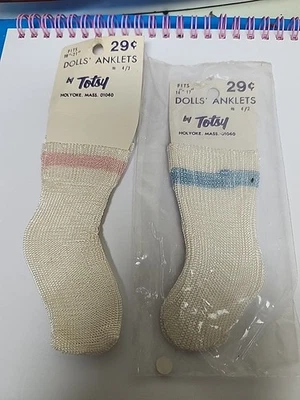 复古 70 年代 Totsy Dolly 婴儿袜蓝色 ~ 粉红色条纹 ~ 2 双  — 第 1/4 张图片