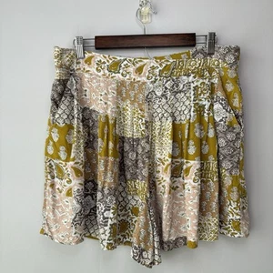 Anthropologie Maeve pantaloncini pieghettati patchwork grandi verde floreale Cottagecore oro - Foto 1 di 13