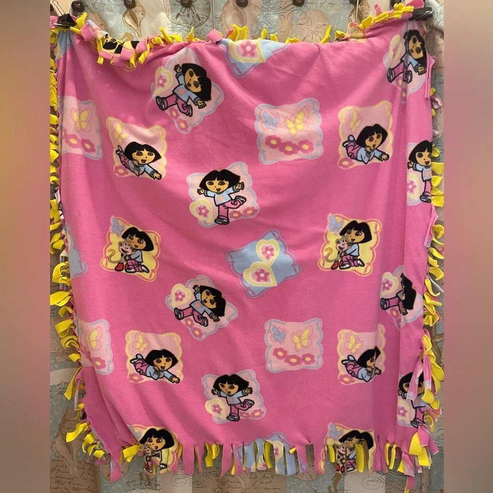 Dora The Explorer Boots VTG Tie Quilt Handmade Toddler Bed Blanket Pink 48/48 - Image 1 of 4