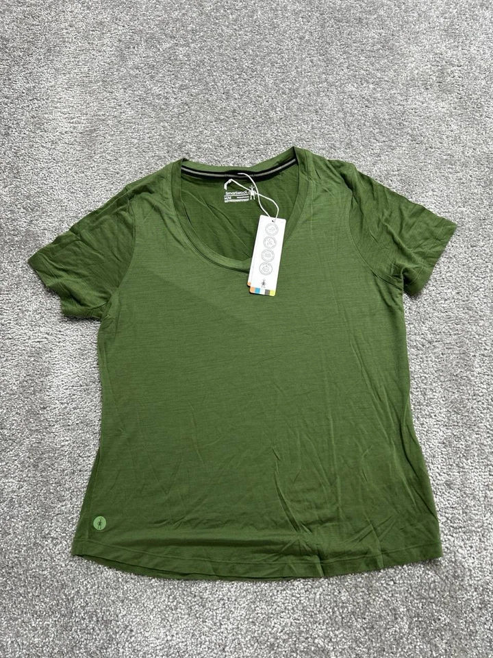 Camiseta Smartwool Active Ultralite para mujer mediana verde lana merino logotipo cuello en V Foto 1 de 4
