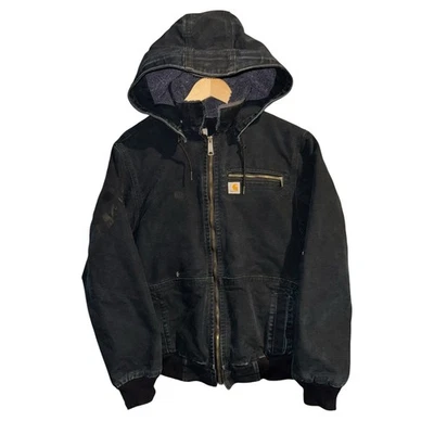 CARHARTT черный выветренный Wildwood шерпа с подкладкой холст с капюшоном куртки женщин LG - Изображение 1 из 4