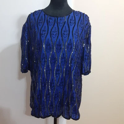 Винтажная женская вечерняя блузка SCALA размер 2XL синий шелк с бисером *как есть* - Изображение 1 из 4