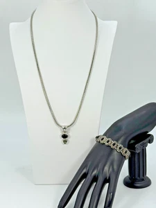 Verheiratet Set Schwarz Strass Anhänger Halskette Cabochon Armband Silberfarben - Bild 1 von 11