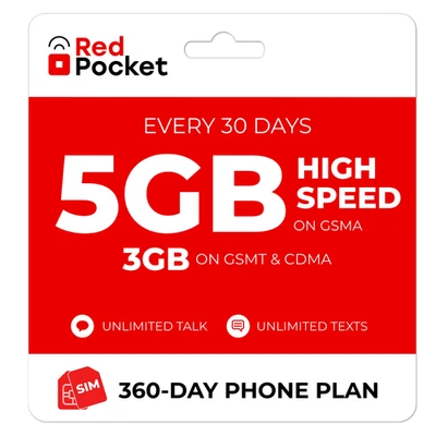 Plan prepago RedPocket $10,50/mes: 5 GB + llamadas y mensajes de texto ilimitados (3 GB GSMT y CDMA) Foto 1 de 4