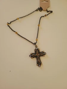 Vintage Victorian Cross Bling Crystal Pendant Necklace Dangle link chain bead - Picture 1 of 2