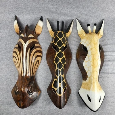 Juego de máscaras de pared de animales de madera tallada a mano jirafa cebra tribal decoración de safari 20 pulgadas Foto 1 de 4