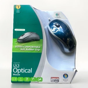 NEW Logitech LX3 3 Button Optical Mouse Ultra Comfort Rubber Grip Sealed BLUE - Picture 1 of 5