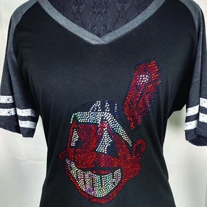 Women's Indians Chief Wahoo Holographic Baseball V-neck T-Shirt Tee Bling Ladies - Picture 1 of 2