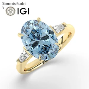 Oval Solitaire 14K Yellow Gold Vivid Blue Trilogy Ring,5.50 ct, Lab-grown IGI - Picture 1 of 18