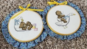 2 Vintage Embroidered Teddy Bear Goose Baby Boy Wall Decor Cross Stitch 80-90s - Picture 1 of 5