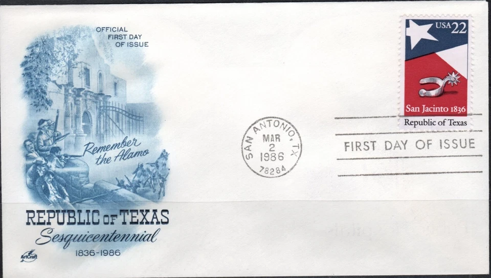 US Scott #2204 "Republic of Texas", 22 cents, ArtCraft FDC - Image 1 of 1