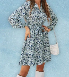 Women Full Sleeve Fall Floral Dress Ladies V Neck Boho Party Holiday Sundress - Picture 1 of 8
