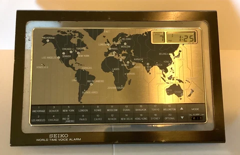VTG Seiko World Time Voice Alarm Desk Clock Retro 20 Countries Silver Tested Cover