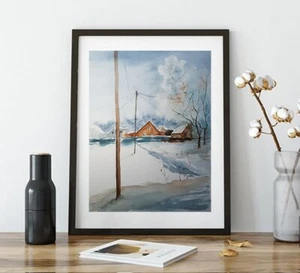 Ukraine Village Winter Watercolor Painting Home Gifts Wall Decor Art Home - Bild 1 von 14