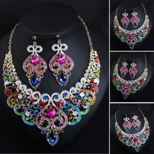 Women Bib Choker Chunky Colorful Crystal Necklace Earrings Bridal Jewelry Sets - Picture 1 of 10
